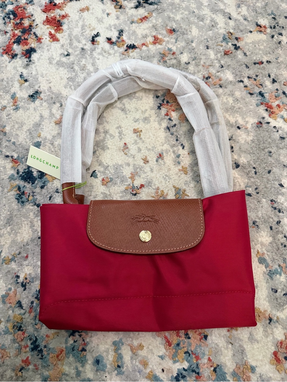 Longchamp Le Pliage Nylon Tote in Burgundy with Tan Trim